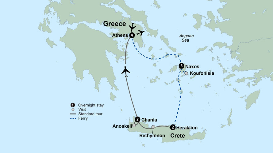 Map of Greece indicating all stops along this itinerary. 