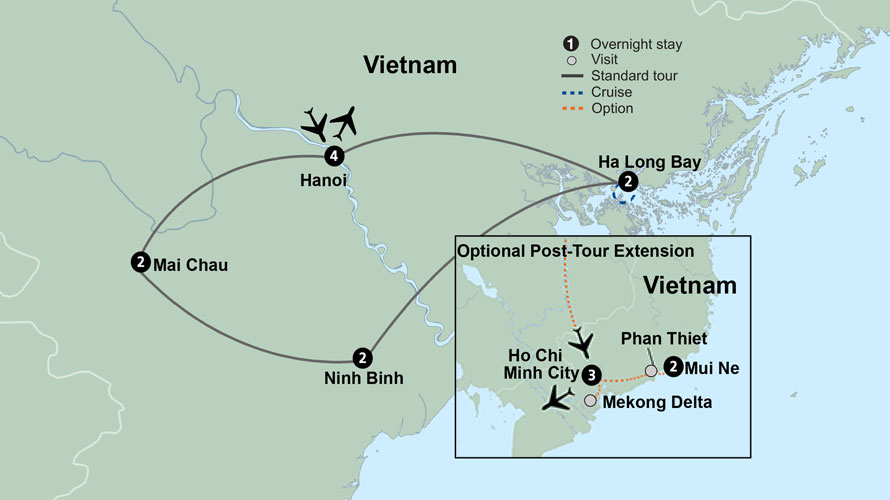 Map of Northern Vietnam indicating all stops along this itinerary. 