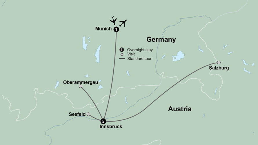 Map of Europe indicating all stops along this itinerary. 