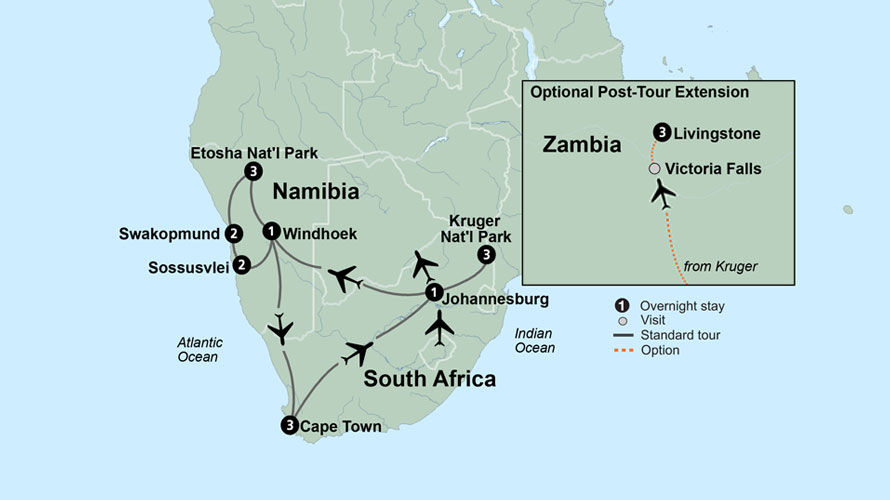 Map of Namibia indicating all stops along this itinerary. 