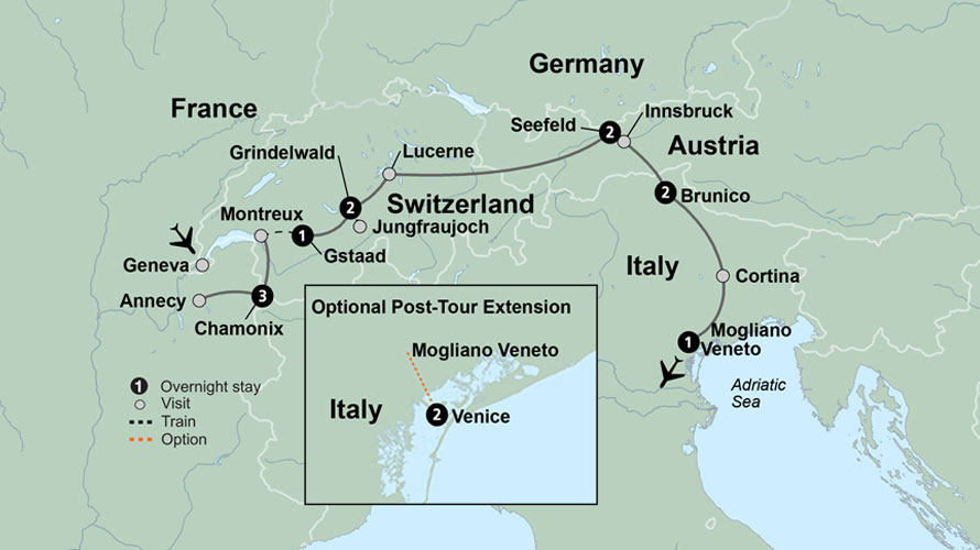 Map of Europe indicating all stops along the itinerary. 