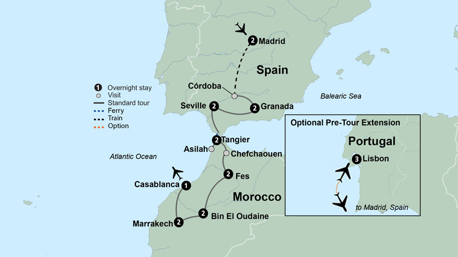 Map of Spain and Morocco indicating all stops along this itinerary. 