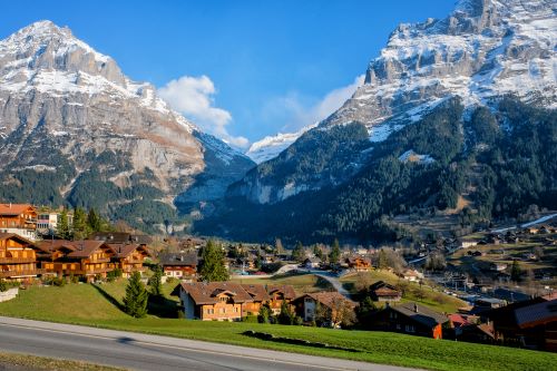 Panoramic view of Grindelwald beautiful village in mountain scenery. 