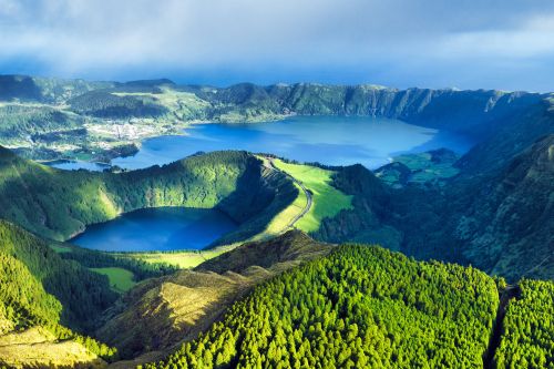 Volcanic lakes surrounded by lush green hills in the Azores