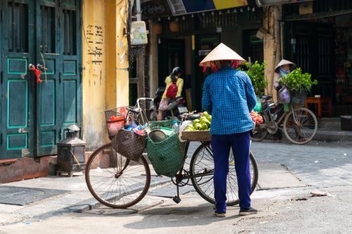 A street vendor with bike loaded of tropical fruits in old town street in Hanoi.