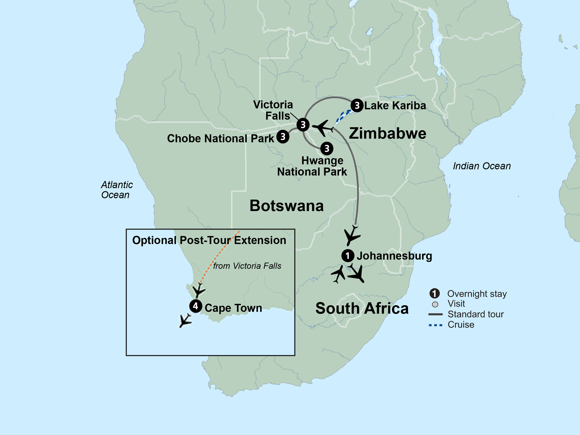 Map of Southern Africa indicating all stops along this itinerary. 