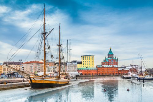 Helsinki harbor district with Uspenski cathedral in winter 