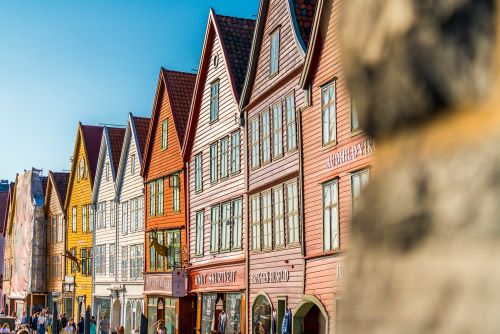 Historic wharf buildings in Bryggen Bergen fjords of Norway