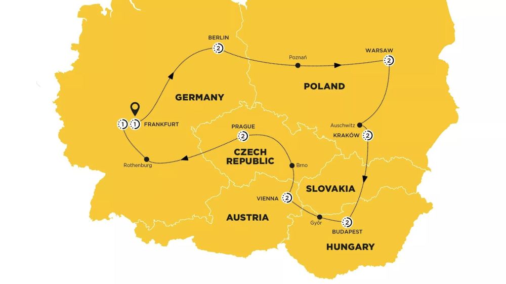 Map of Eastern Europe indicating all stops along this itinerary 