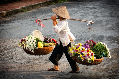 Street vendor carrying flower baskets in Hanoi.