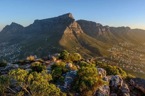 View of Table Mountain rising above Cape Town, with rugged rocky terrain and low shrubs in the foreground and the city stretching out beneath the mountain range.