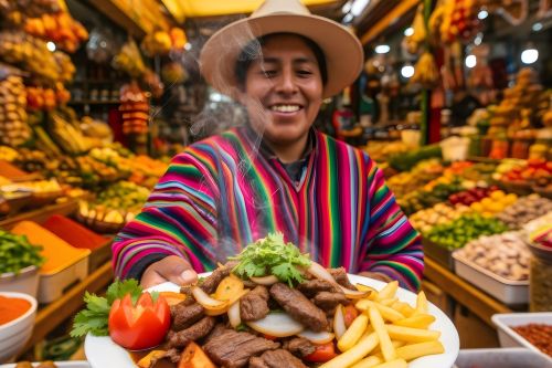 Person in a hat and colourful poncho holding a plate of lomo saltado in a busy market, with fresh fruit and vegetables displayed in the background.