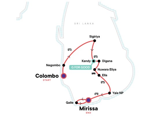 Map of Sri Lanka Ecompassed tour with G Adventures
