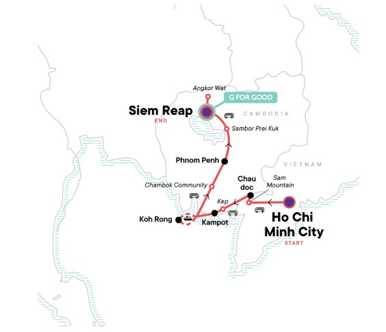 Vietnam to Cambodia tour map with G Adventures