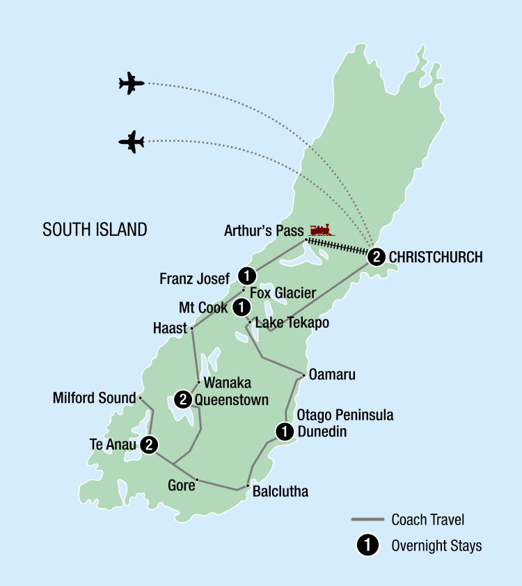 Map of New Zealand's South Island indicating all stops along this itinerary 