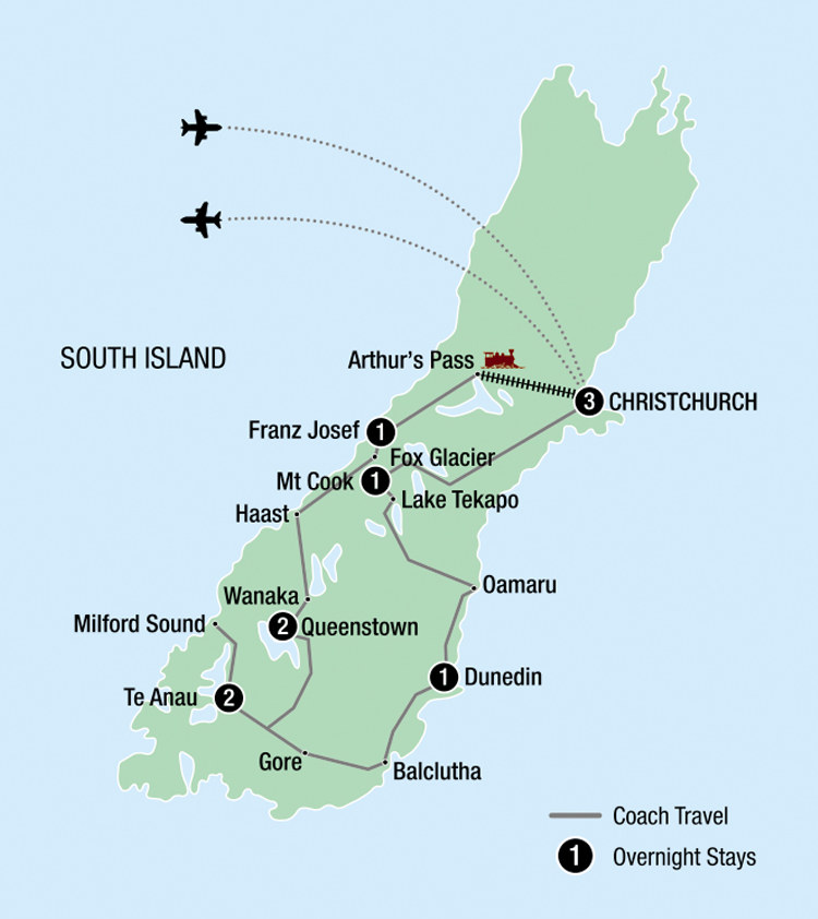 Map of New Zealand indicating all stops along the itinerary 