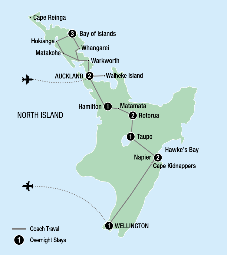 Map of New Zealand indicating stops on a tour