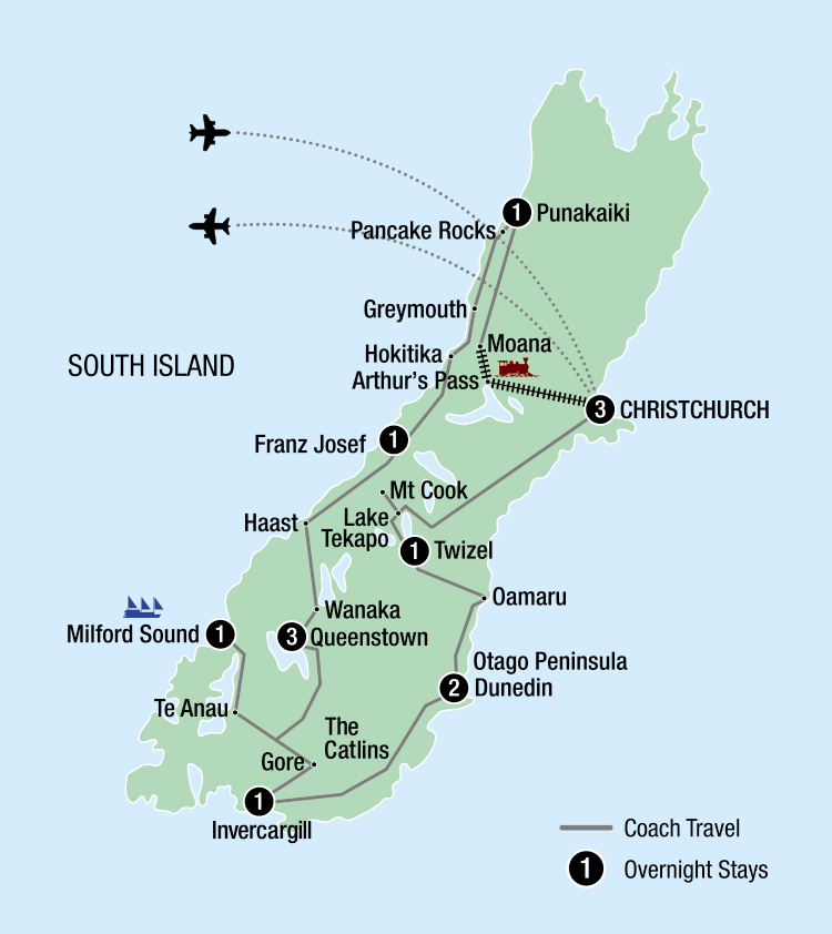 Map of the South Island indicating all stops along this itinerary 
