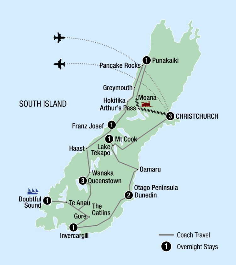 Map of the South Island indicating all stops along the itinerary 