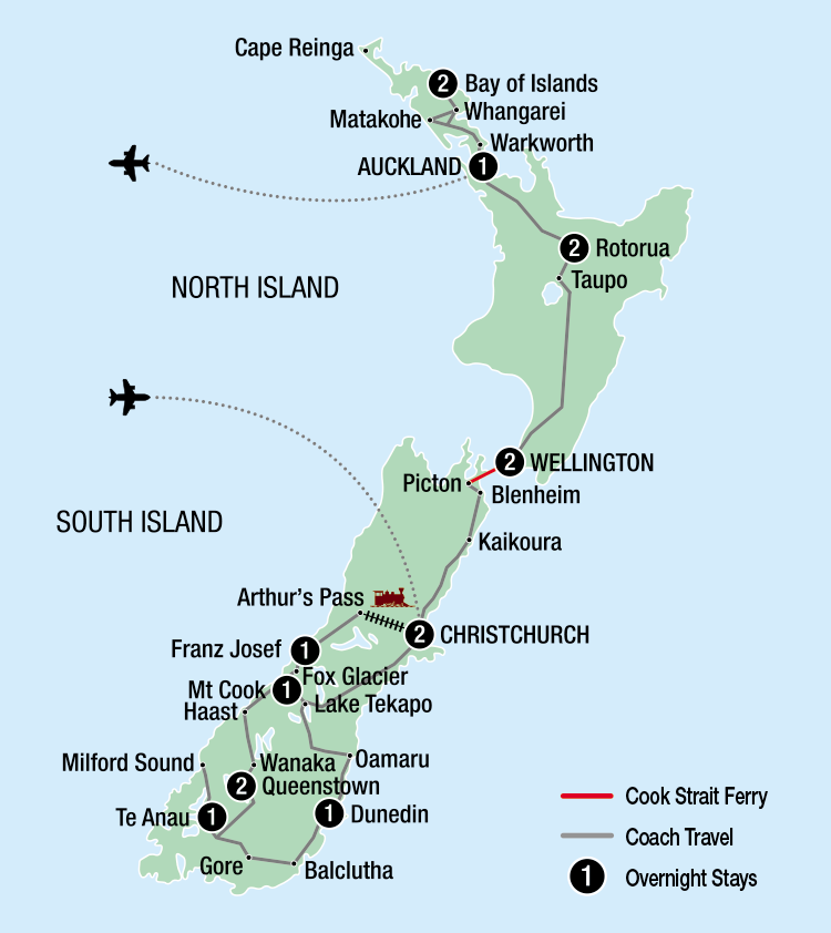 Map of New Zealand indicating stops on a tour