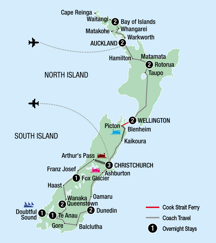 Map of a 19-day New Zealand tour route covering Auckland, Bay of Islands, Rotorua, Wellington, Christchurch, Franz Josef, Queenstown and Doubtful Sound, with rail, ferry and coach connections.