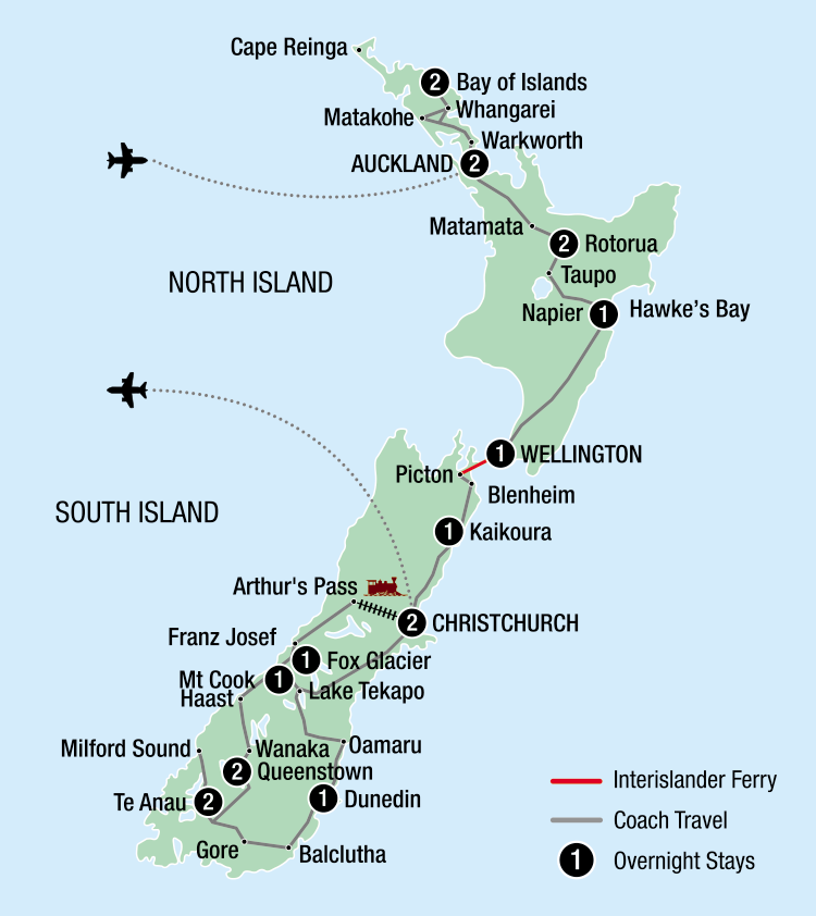 Map of New Zealand indicating all stops along this itinerary 