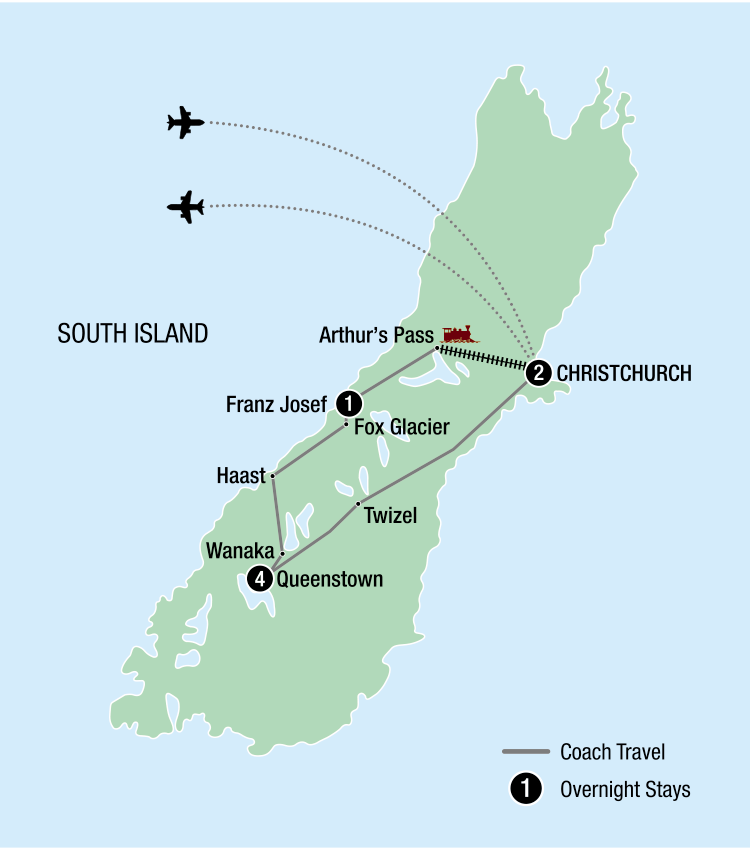 Map of New Zealand's South Island showing locations on the tour