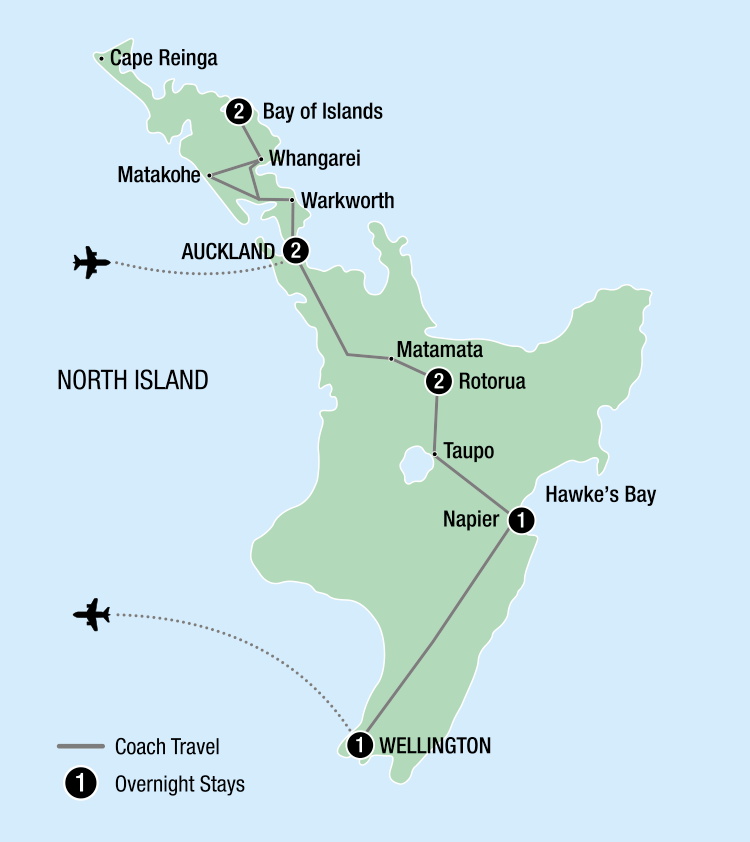 Map of New Zealand's North Island indicating all stops along the itinerary. 