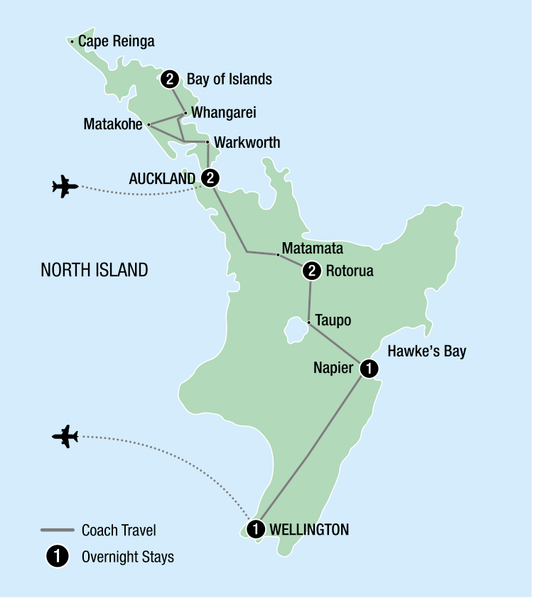 Map of New Zealand indicating all stops along the itinerary 