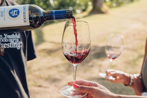 Red wine being poured during an outdoor vineyard tasting