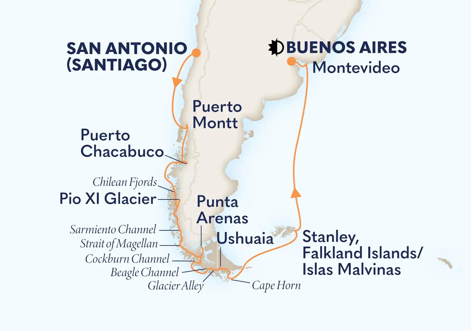 A map of South America indicating stops on a cruise itinerary