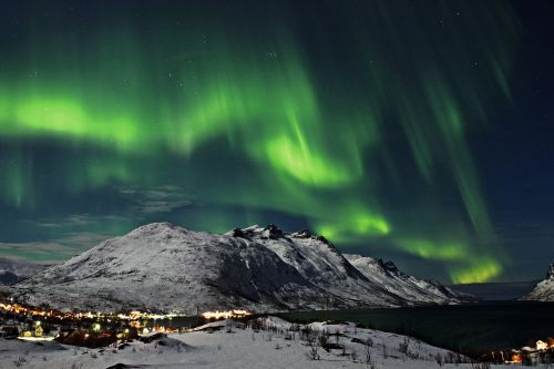 Green northern lights above snow-covered mountains and a fjord