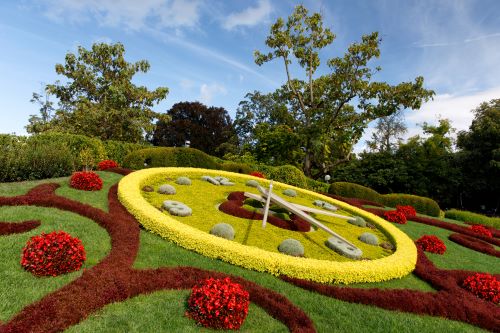 The Geneva Flower Clock named L'horloge fleurie displayed in yellow and red flowers