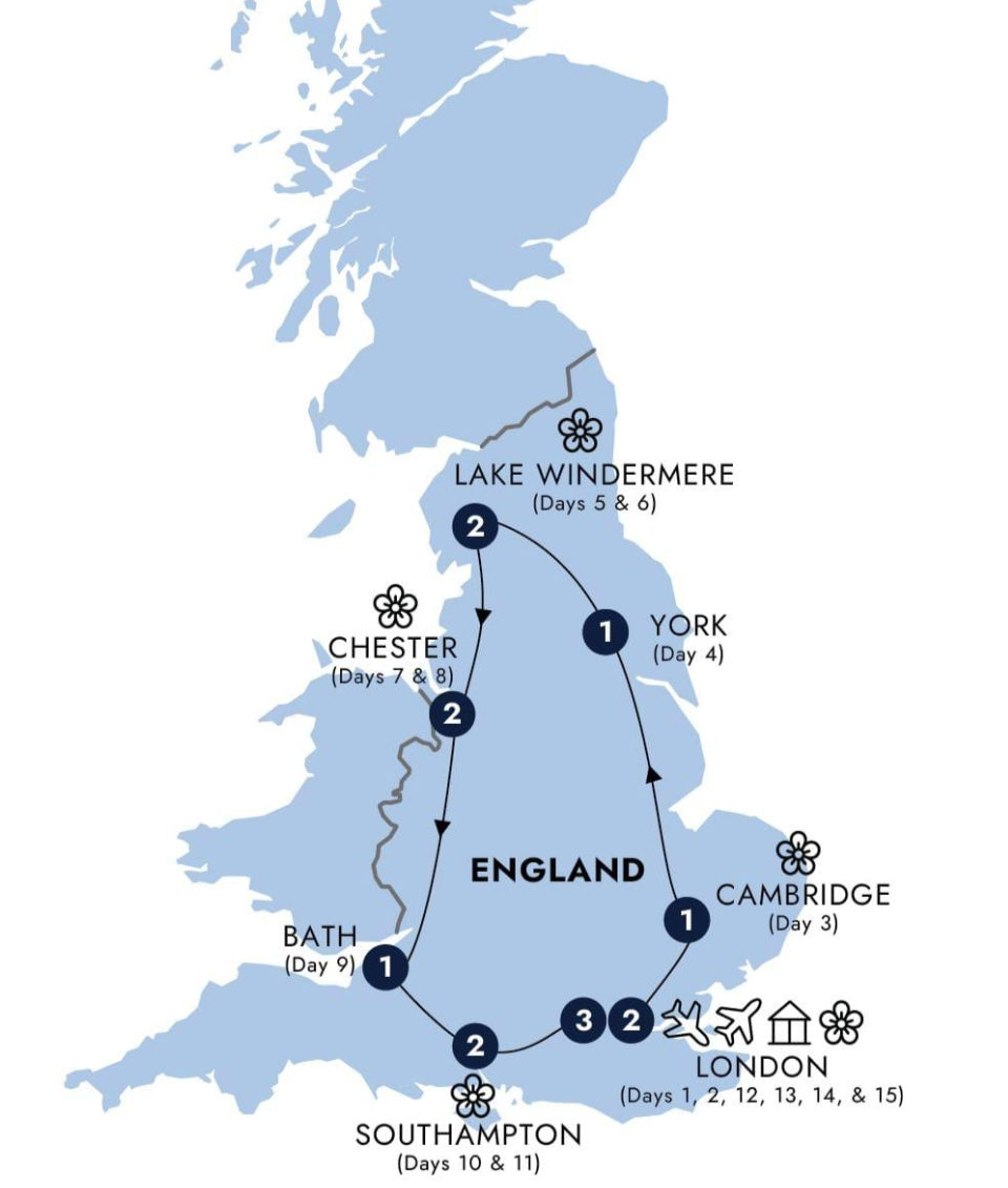 Map of England indicating all stops along this itinerary 
