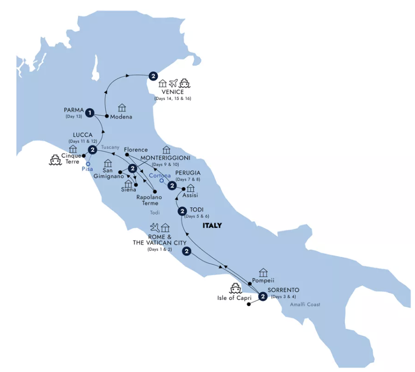Map of Italy indicating all stops along this itinerary 