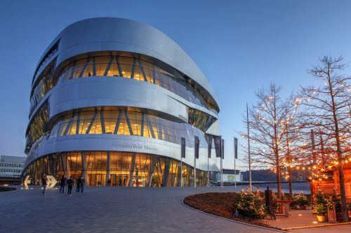 Night view of Mercedes Benz Museum.