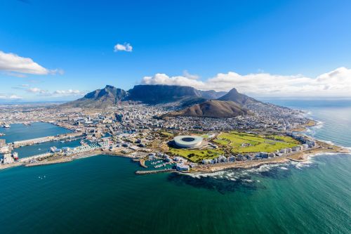Aerial view of Cape Town with Table Mountain and coastline