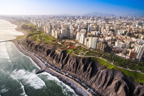 Aerial view of Lima's coastline and city skyline