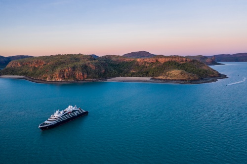 Aerial view of the Ponant cruise ship in the Kimberley region. 