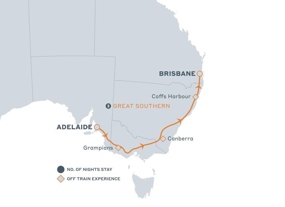 Map of Australia with the Great Southern itinerary in Adelaide to Brisbane direction