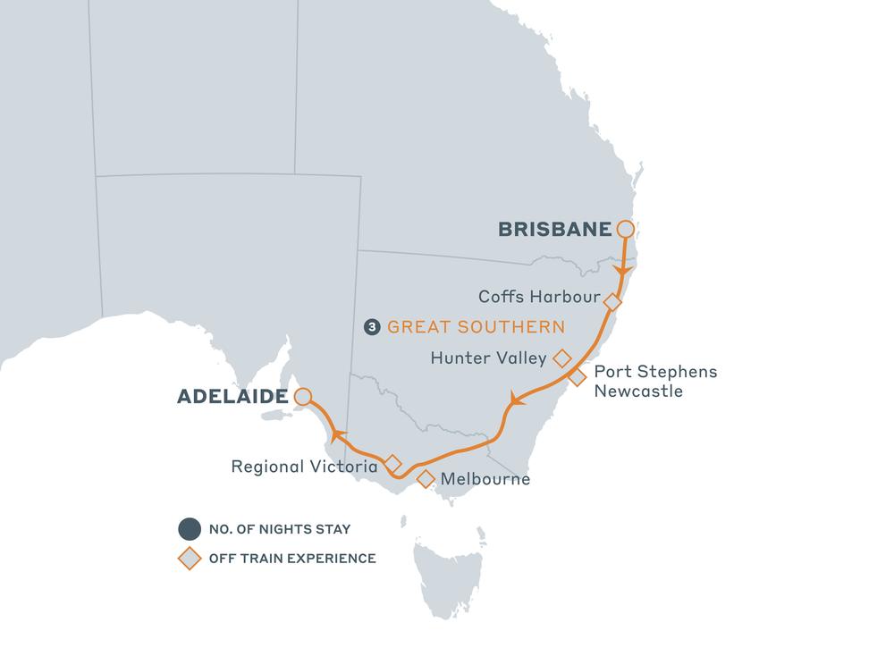 Map of Australia with the Great Southern itinerary in Brisbane to Adelaide direction