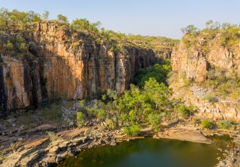 A drone shot of the landscape of Katherine Gorge in Nitmiluk