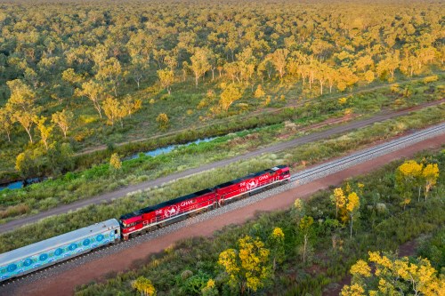 Aerial view of The Ghan riding through the outback. 