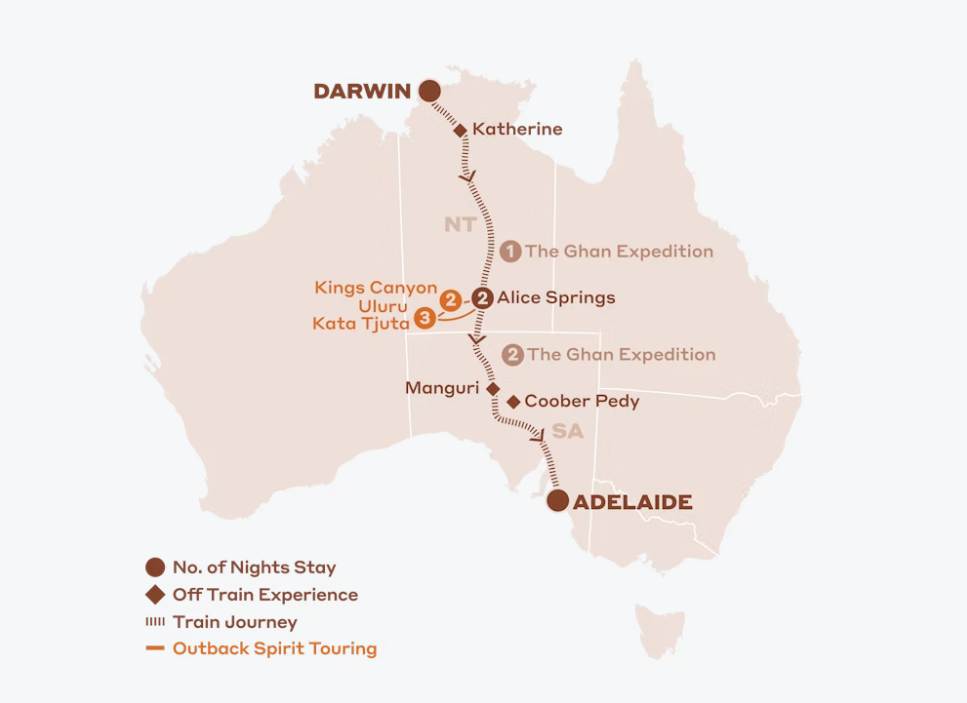 Map of Australia indicating all stops along this itinerary