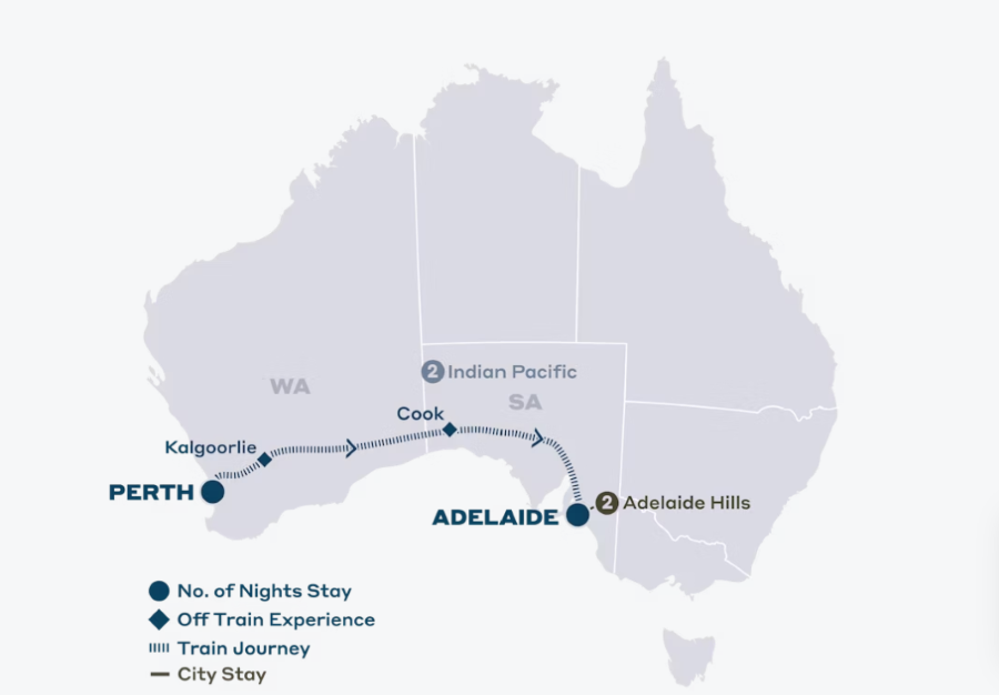 Map of Australia indicating all stops along this itinerary. 