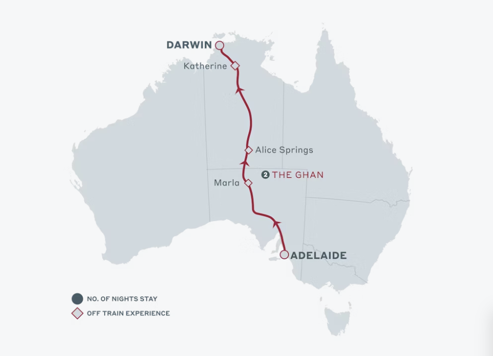 Map of Australia indicating all stops along the itinerary 