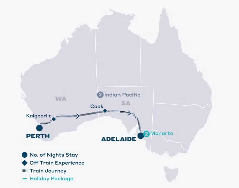 Map of Australia indicating all stops of the itinerary. 