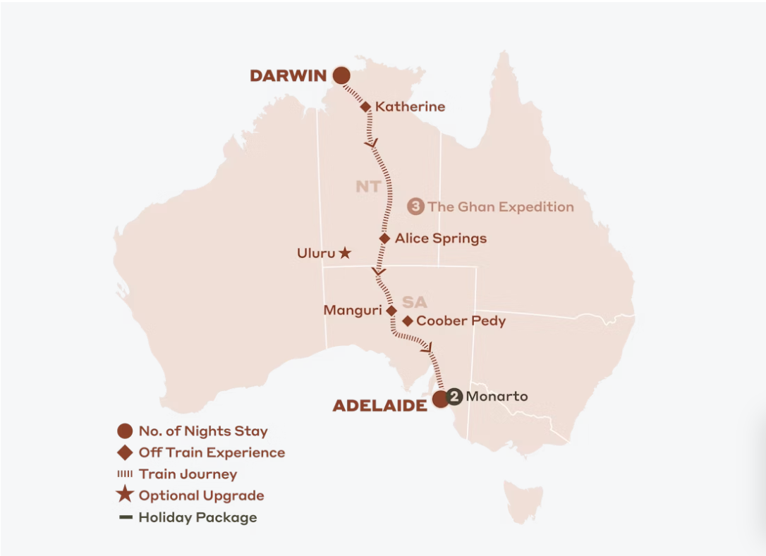 Map of Australia indicating all stops along this itinerary