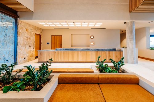 Modern, stylish reception area and lobby with neutral tones and green plants. 