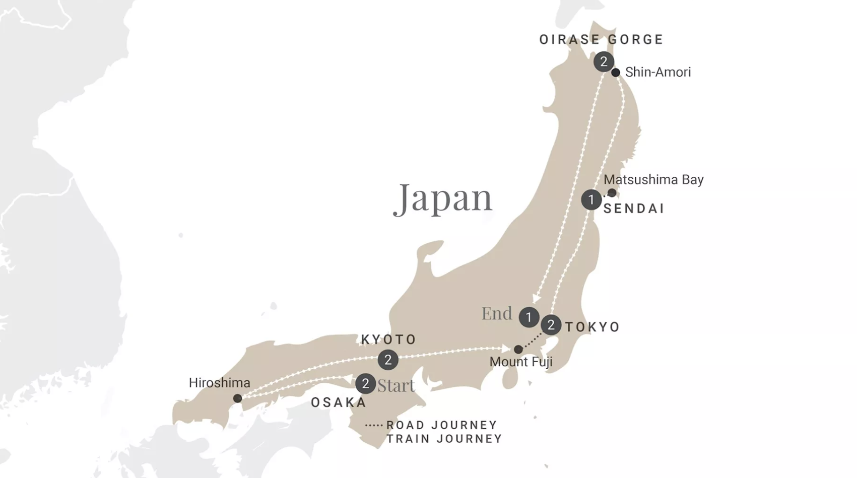 Map of Japan indicating all stops along this itinerary. 